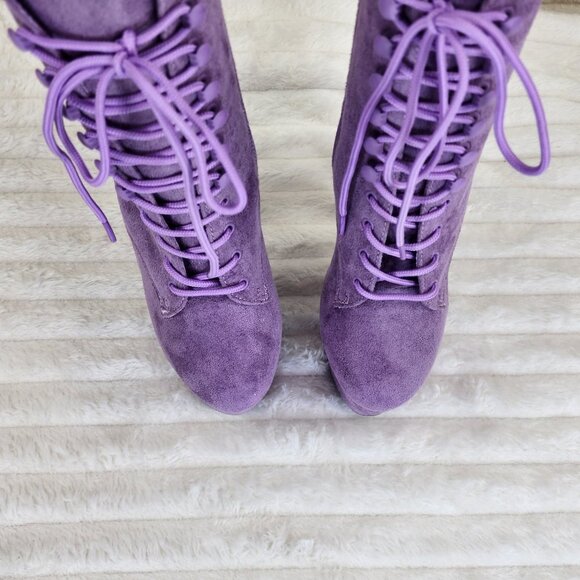 Lavender Lilac Purple Faux Suede Platform 7" Heel Lace Up Ankle Boots - Picture 6 of 12